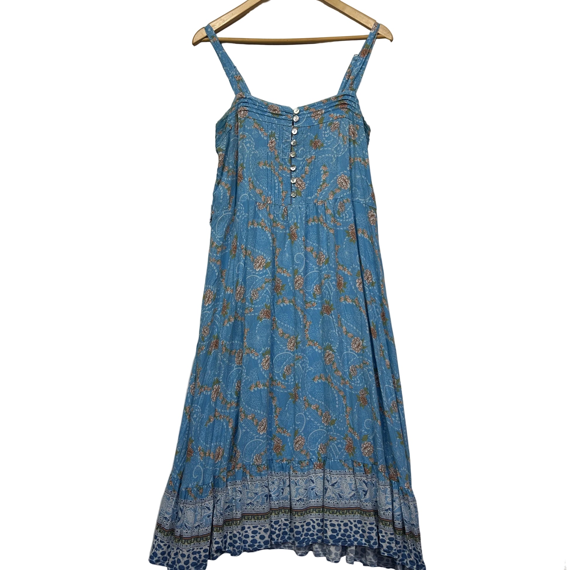 Blue floral dress front view on hanger