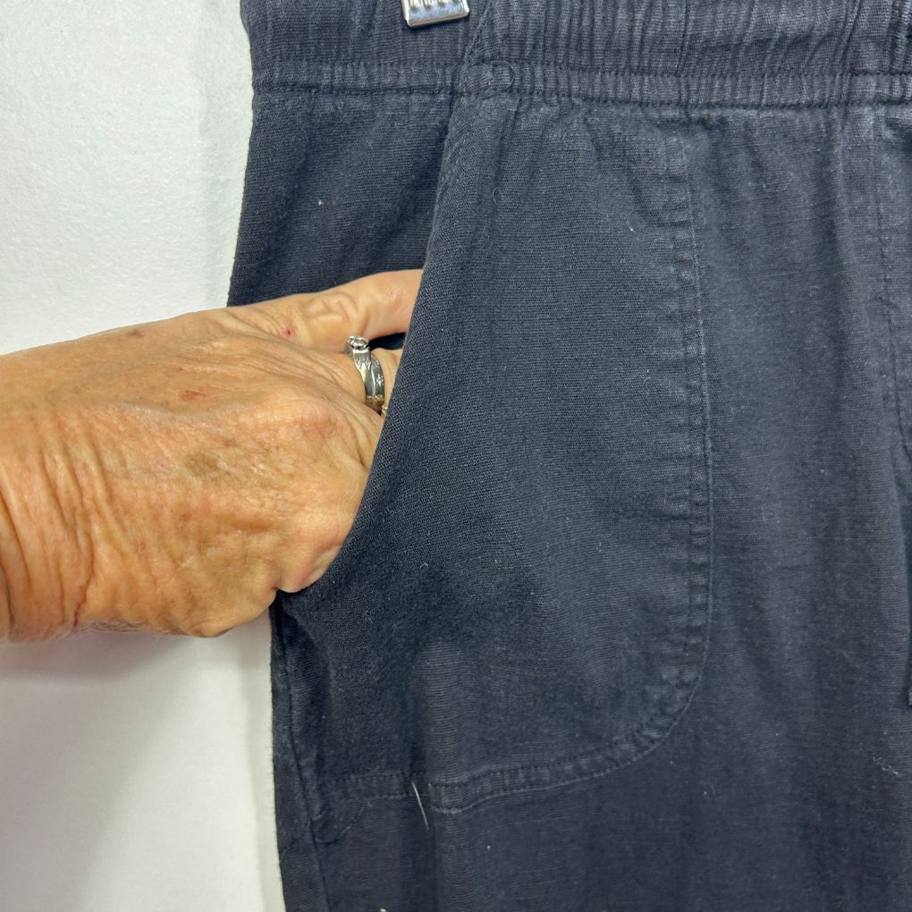 Navy denim shorts front pocket detail view