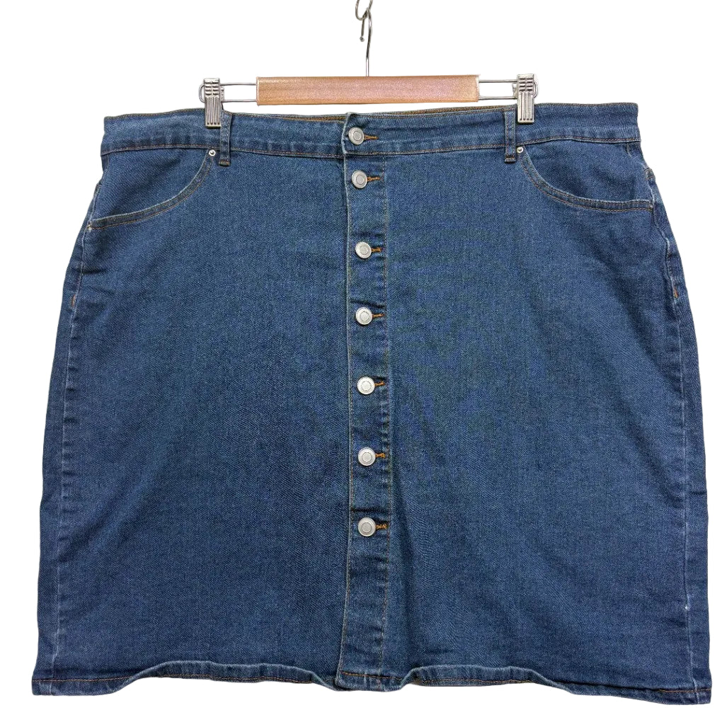 Blue denim button-front skirt front view