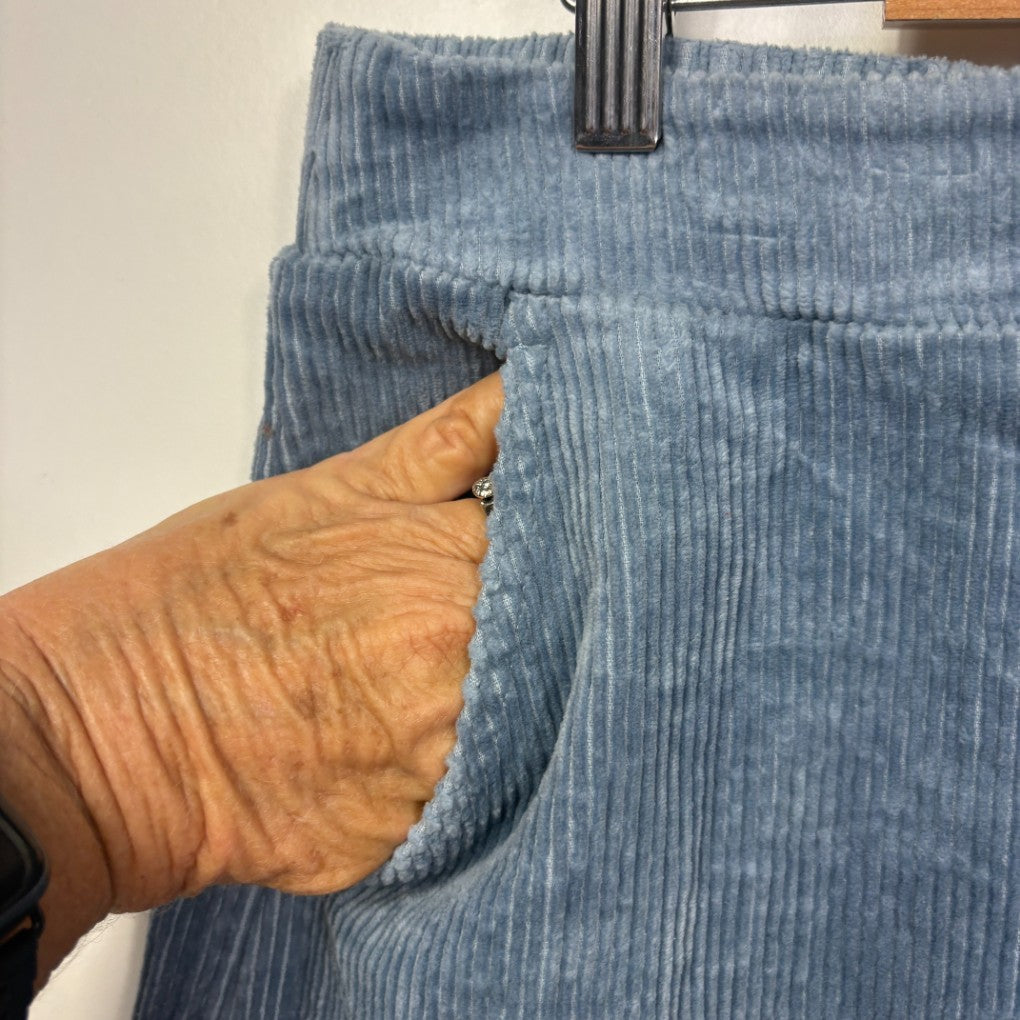 Blue ribbed pants detail view