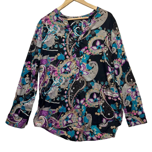 Black long sleeve blouse with colorful paisley pattern front view