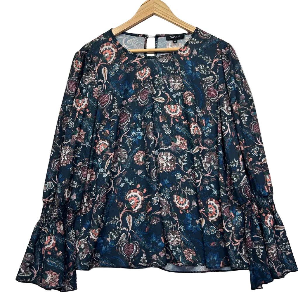 Navy floral blouse front view