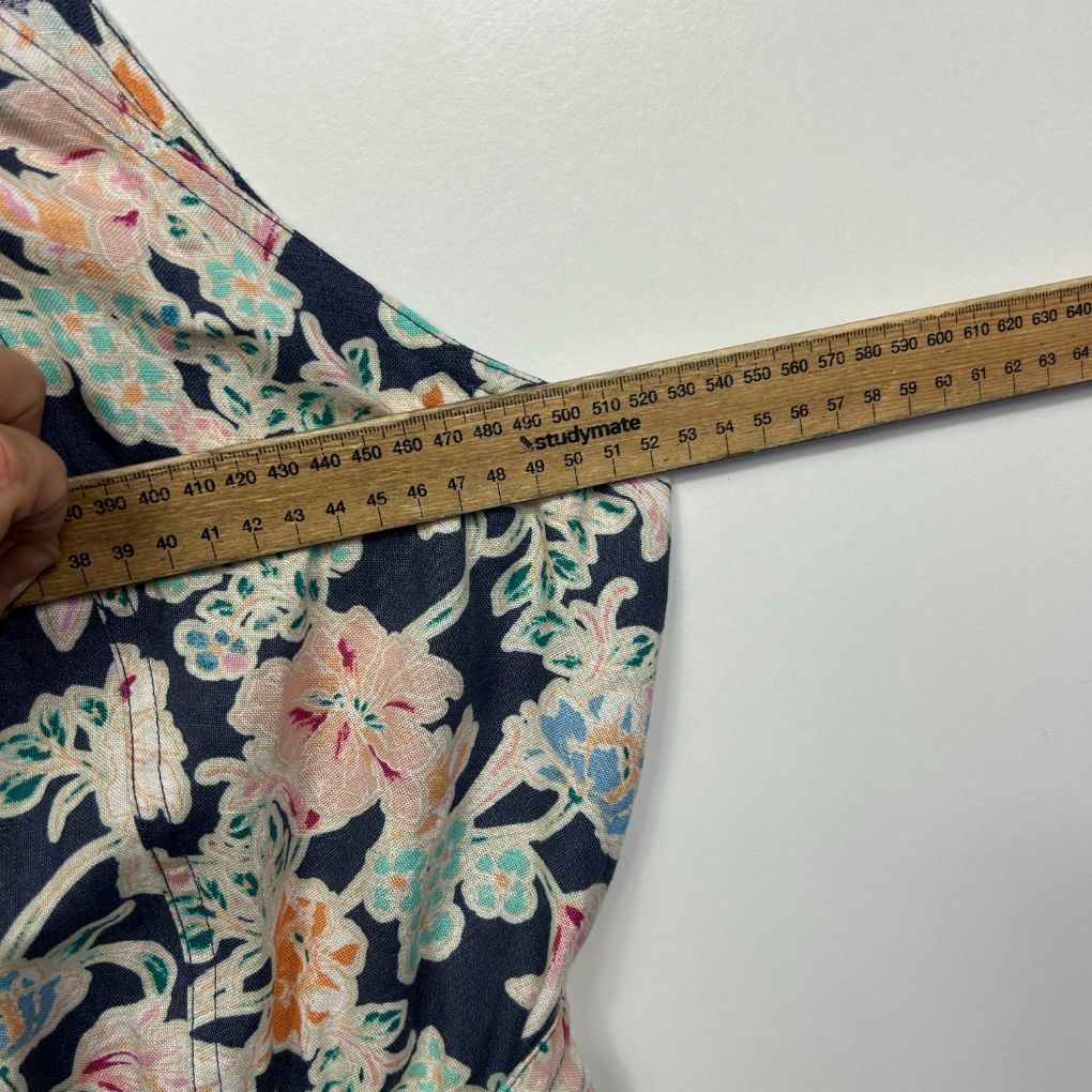 Navy floral fabric detail view with measuring tape