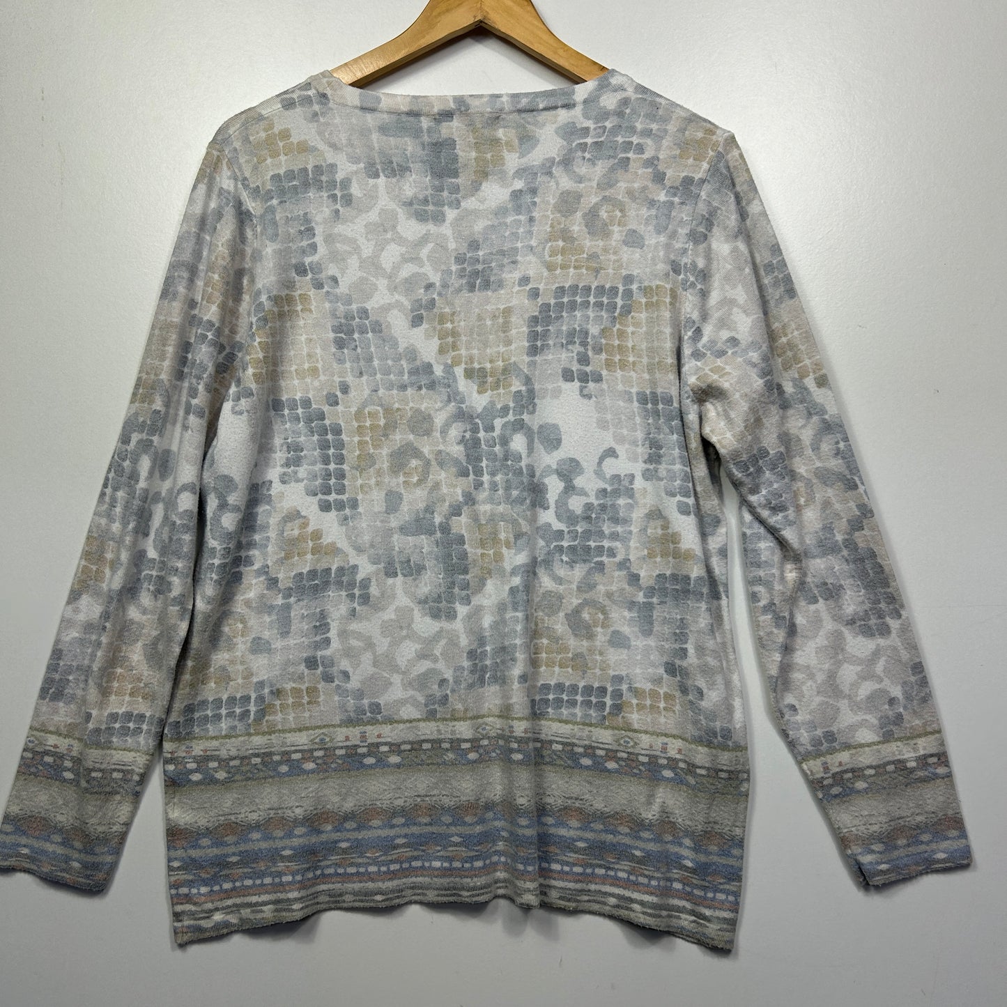 Grey patterned long sleeve top front view