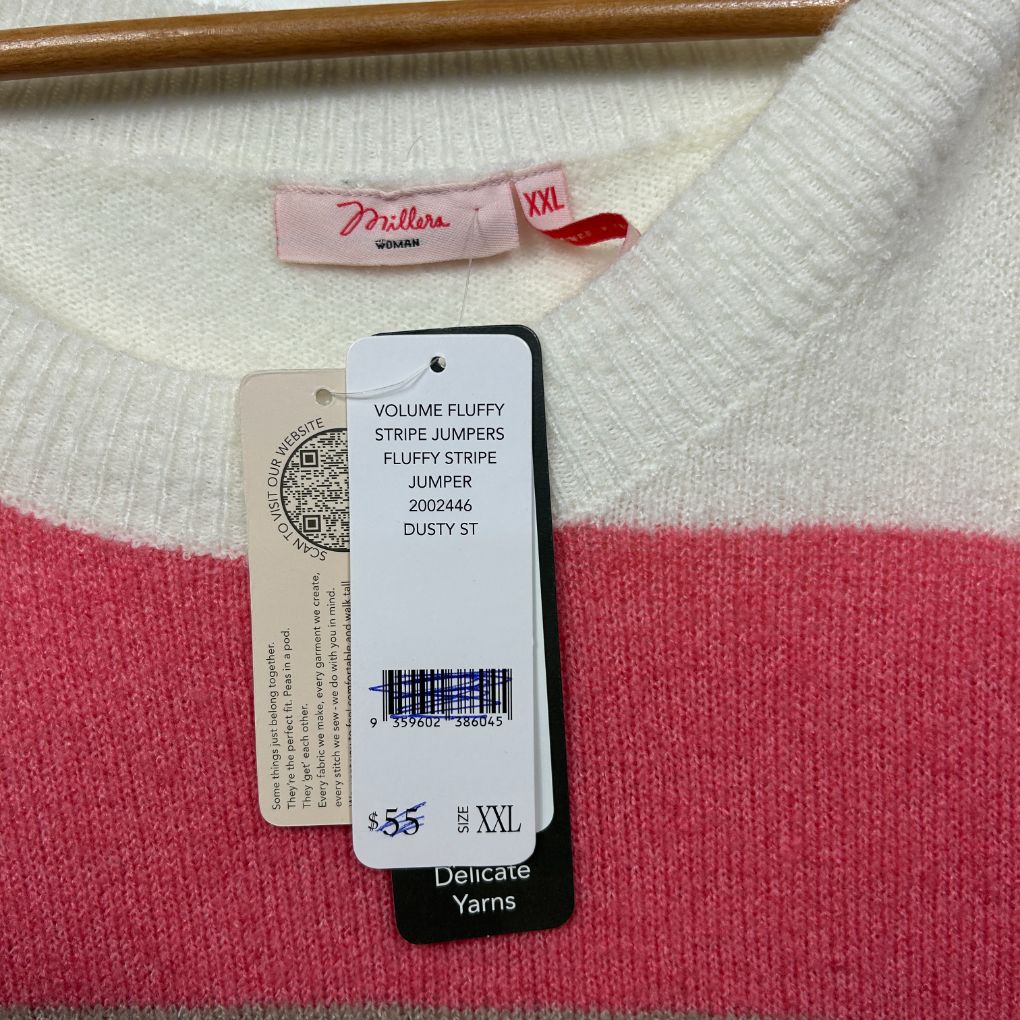 Cream and pink striped sweater front view with labels