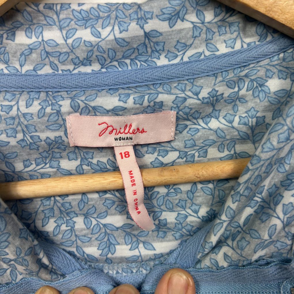 Blue floral shirt detail view showing label