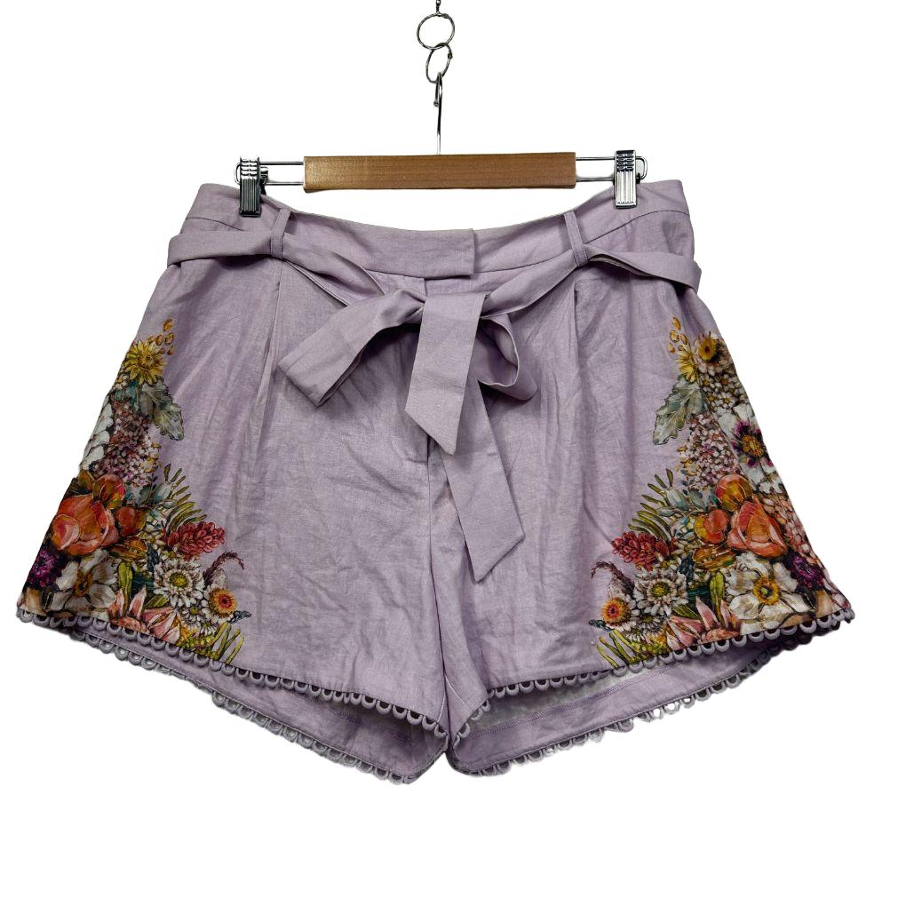 Lavender shorts front view with floral embroidery