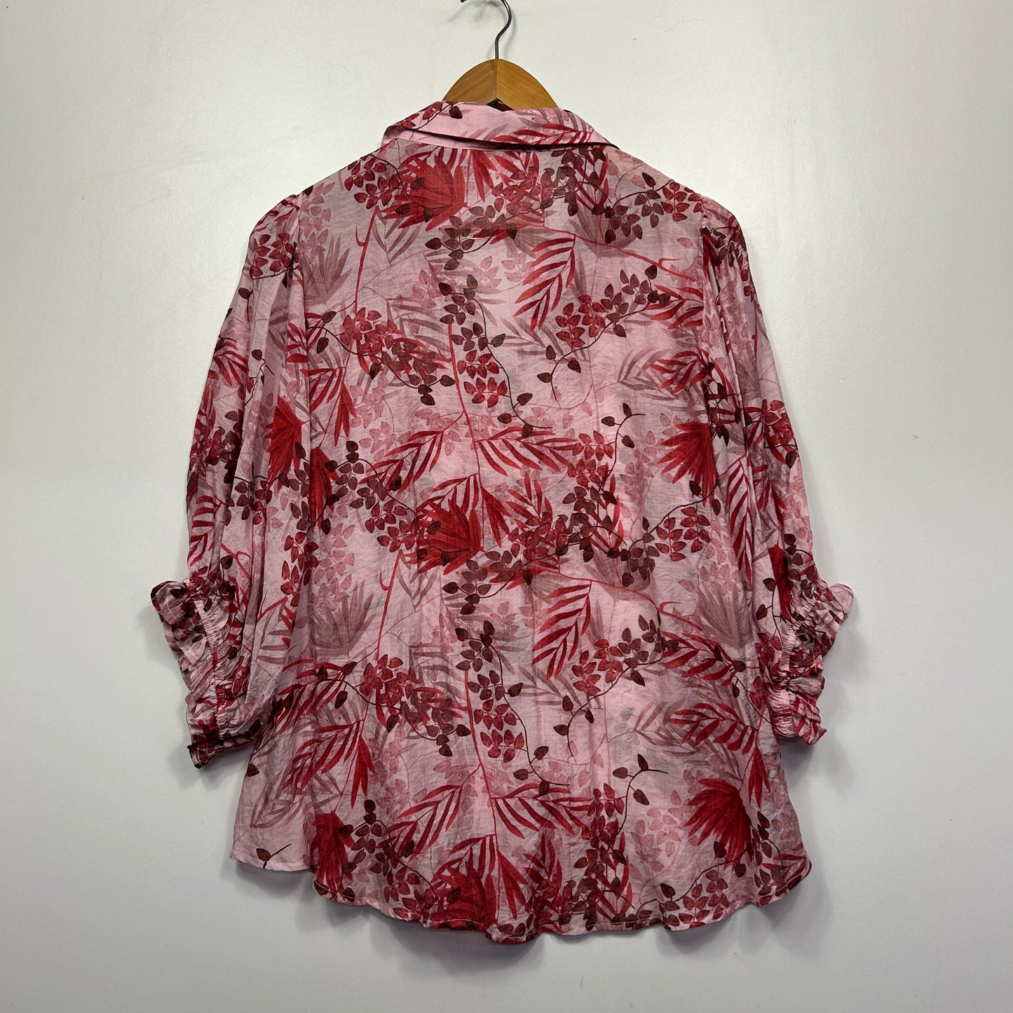 Burgundy floral print shirt back view