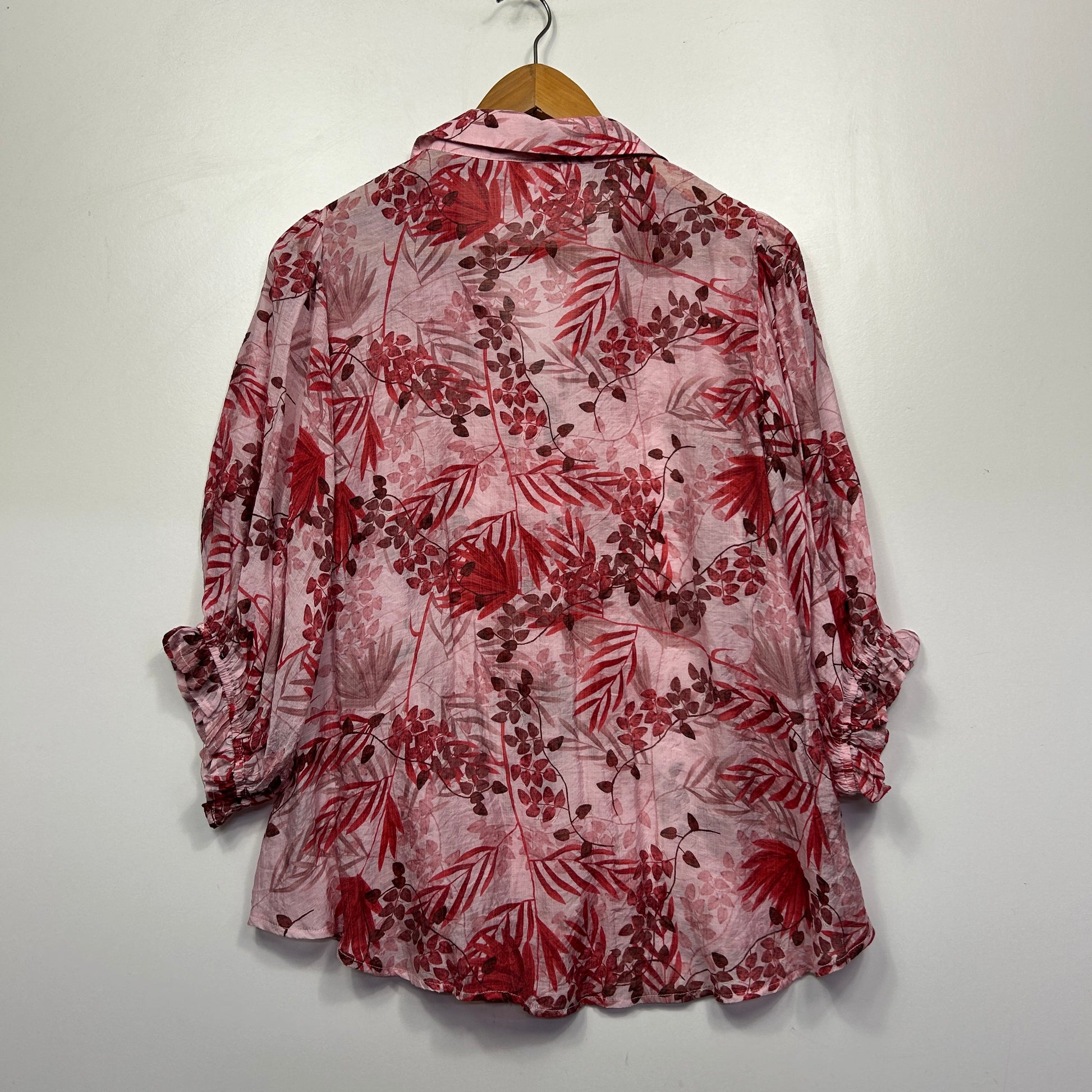 Burgundy floral print shirt back view