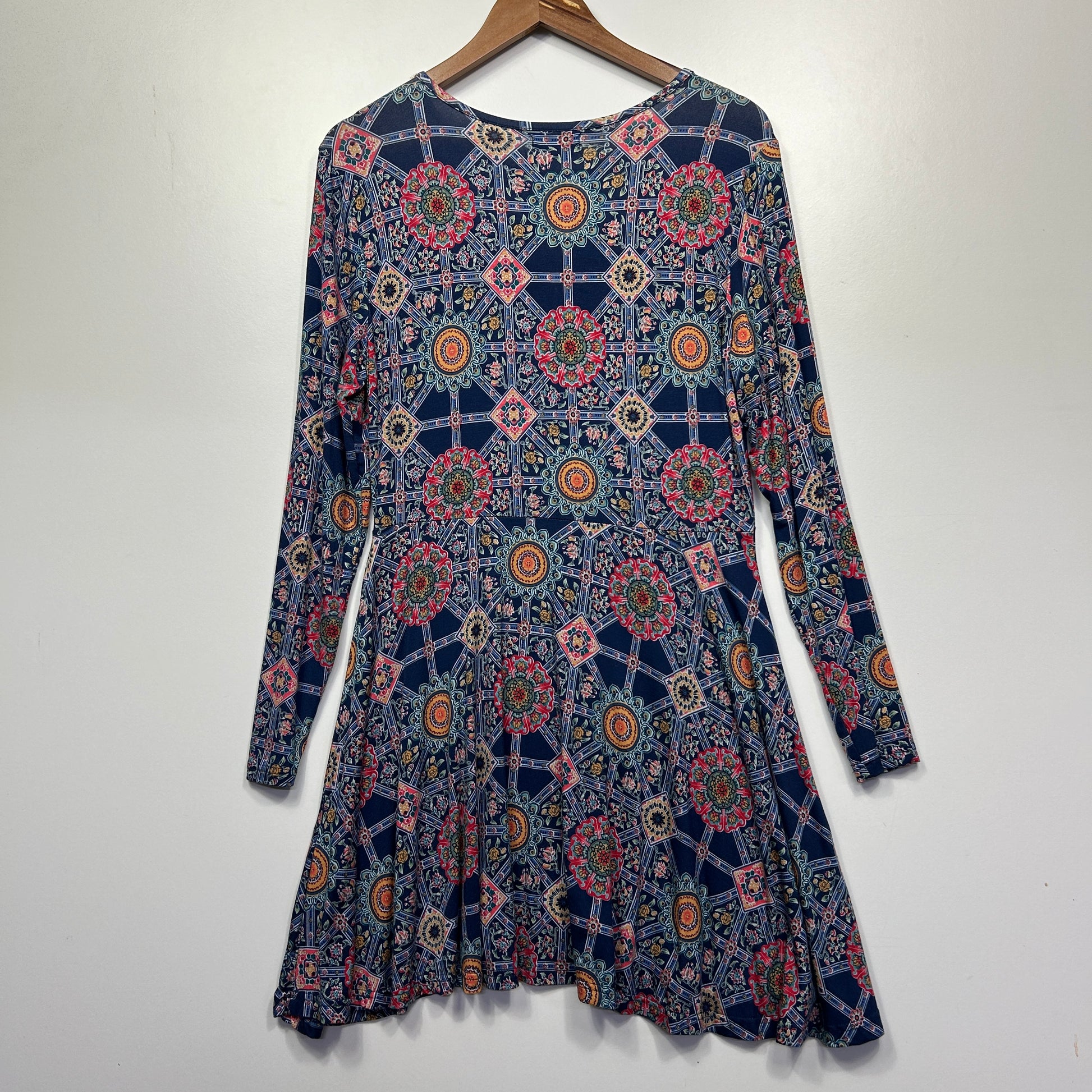 Navy blue floral long sleeve dress front view