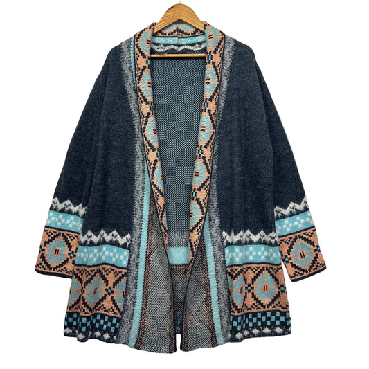 Navy and blue patterned cardigan front view
