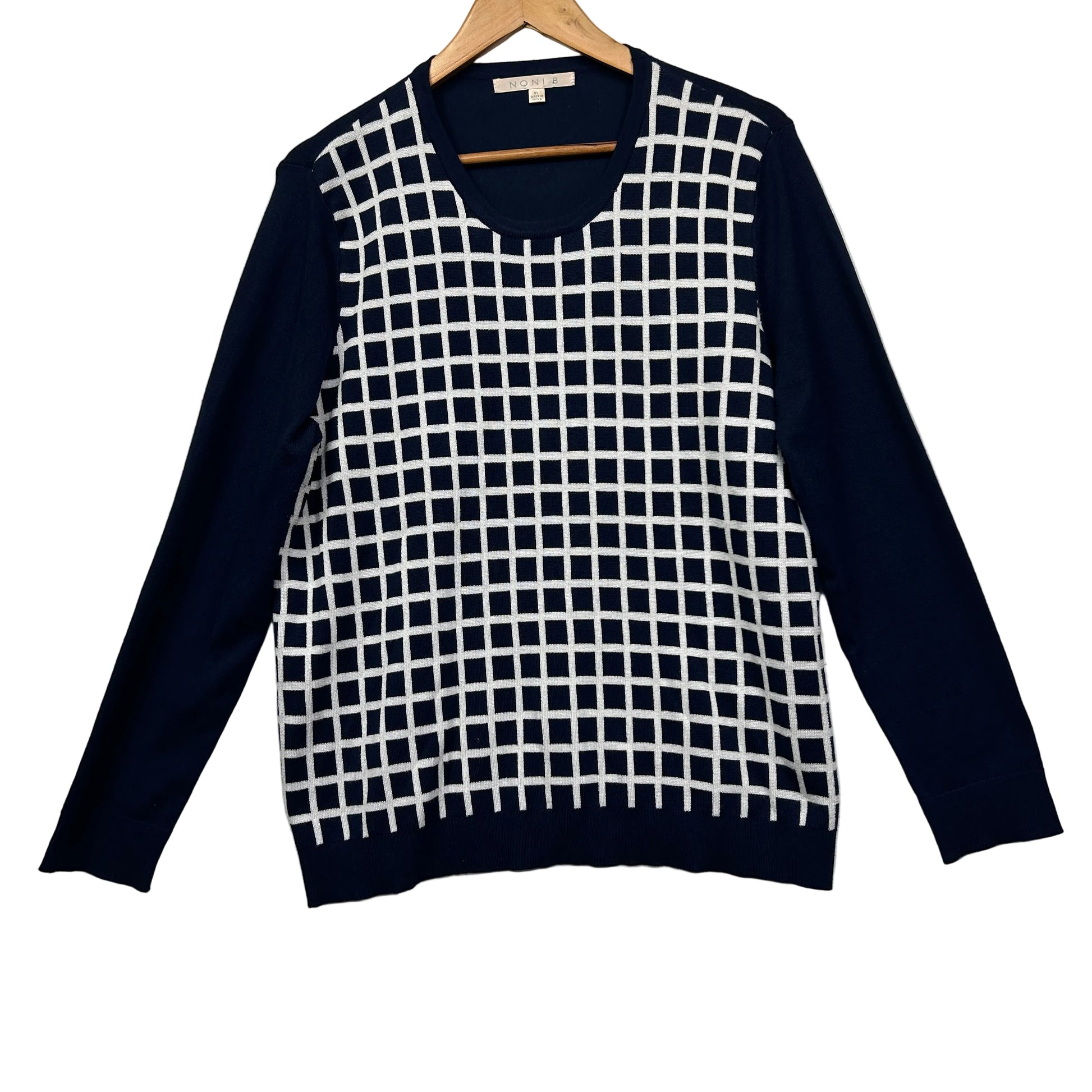 Navy and white grid pattern sweater front view