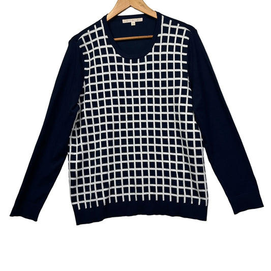 Navy and white grid pattern sweater front view