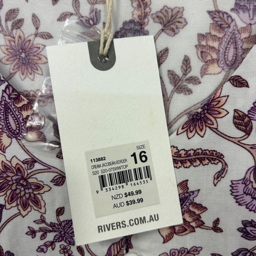 Rivers White & Purple Floral Print Blouse - Size 16