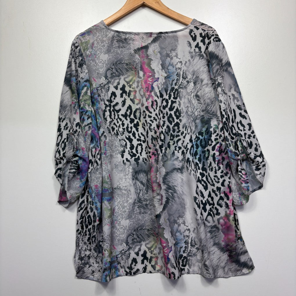Grey leopard print tunic top front view