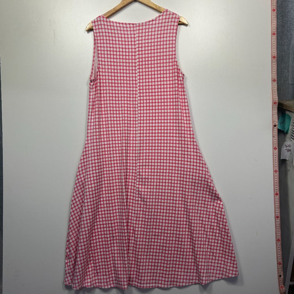 Pink and white gingham check dress front view