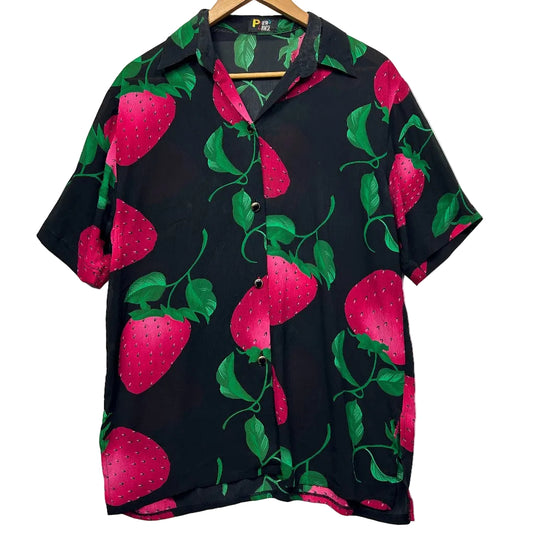 Vintage Strawberry Print Sheer Shirt - Size 14/16