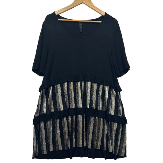Black tunic top with striped panel detail front view