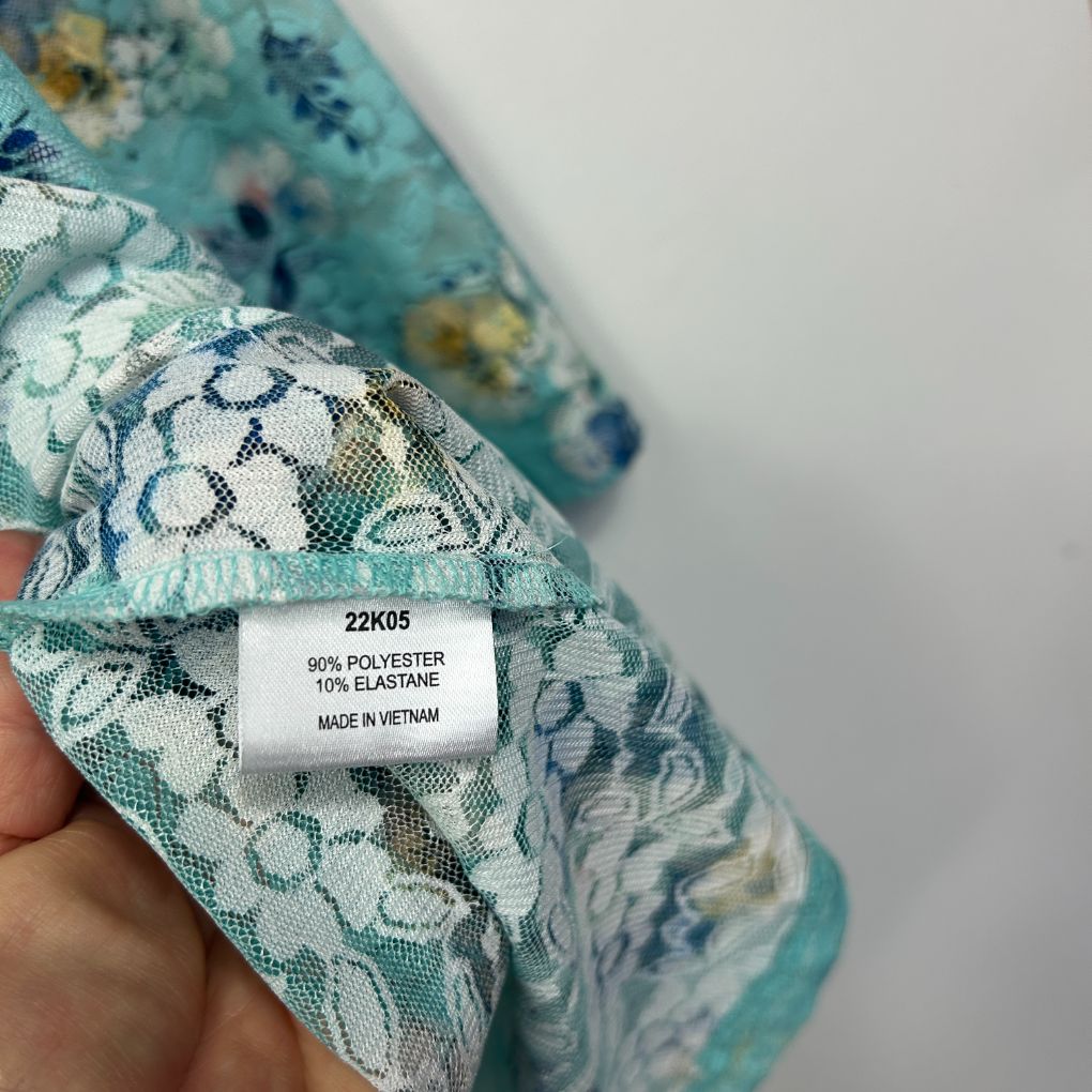 Turquoise lace fabric detail view with label