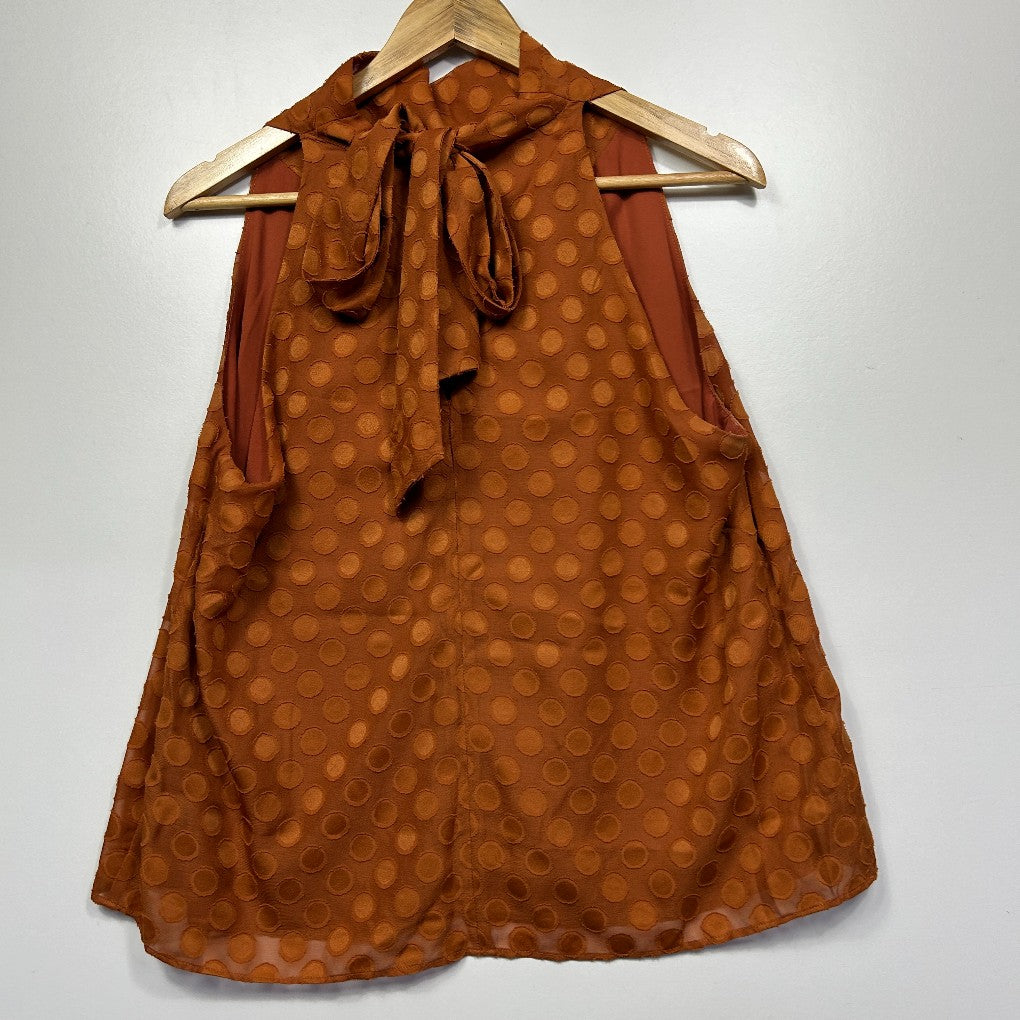 Rust brown polka dot sleeveless dress front view