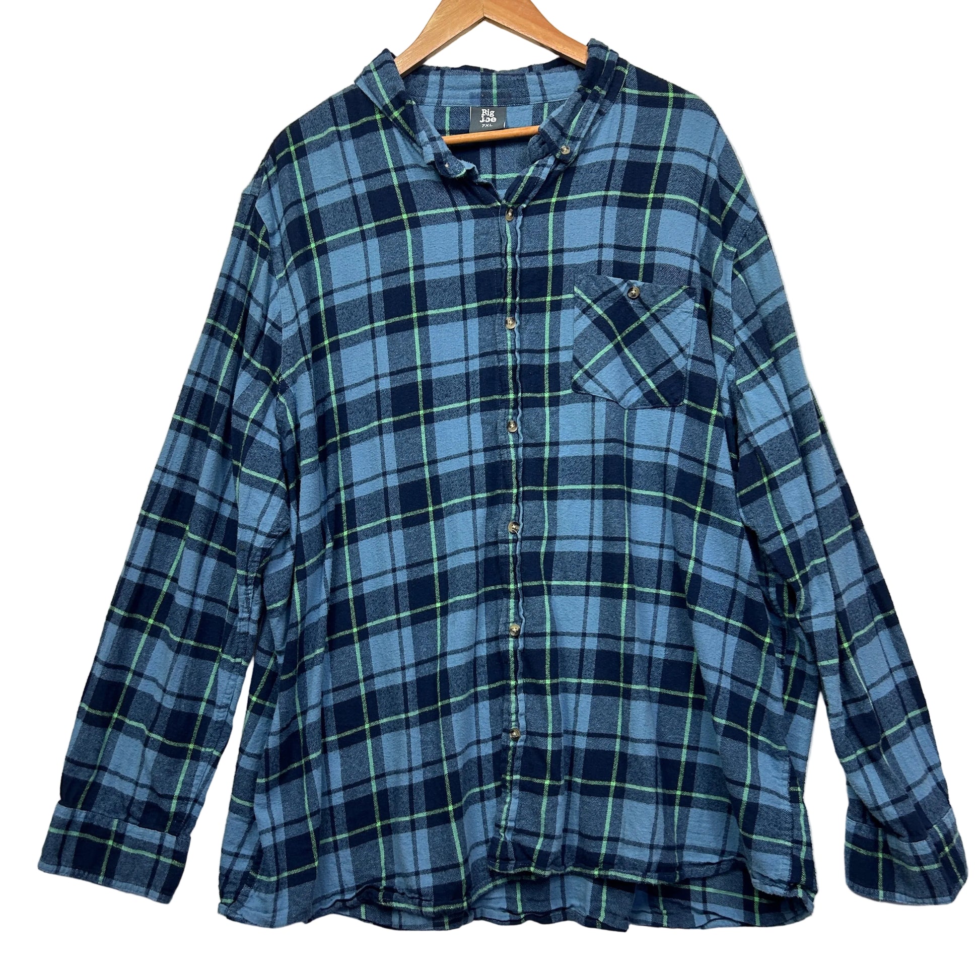 Blue plaid flannel shirt front view