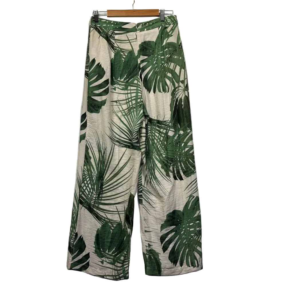 Green and cream botanical print wide leg pants front view