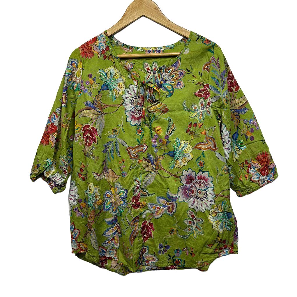 Green Floral Cotton Top - Size 14/16