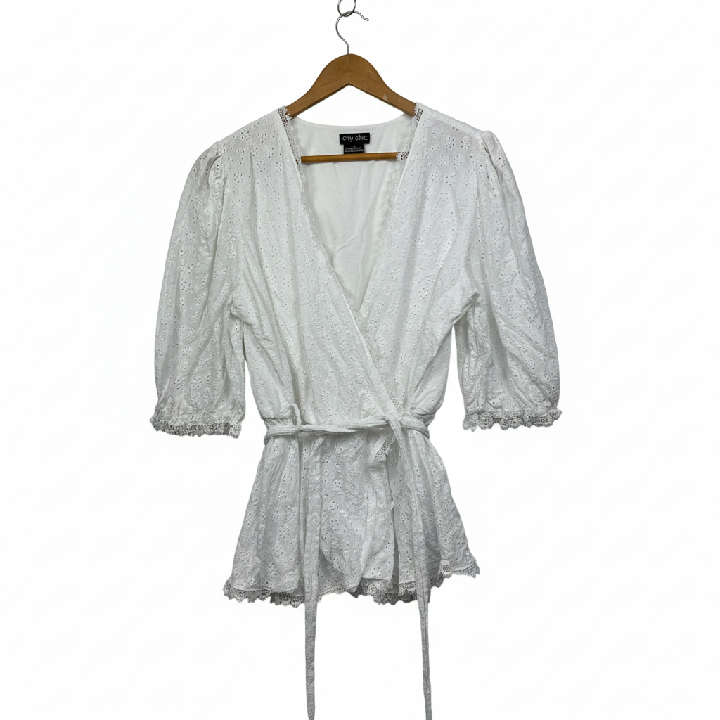 City Chic White Eyelet Wrap Top - Size 16