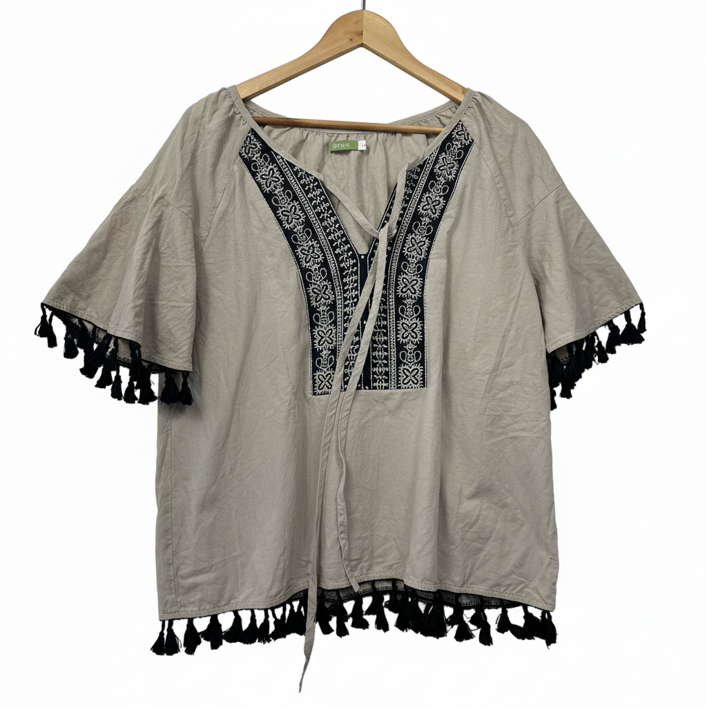 Guava Natural Beige Embroidered Tassel Top - Size L