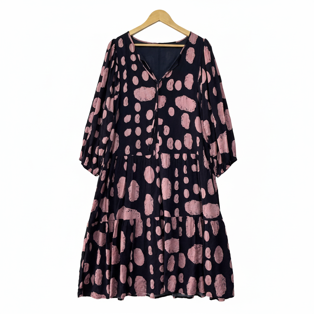Navy and Pink Polka Dot Smock Dress - Size 16? (Fault)