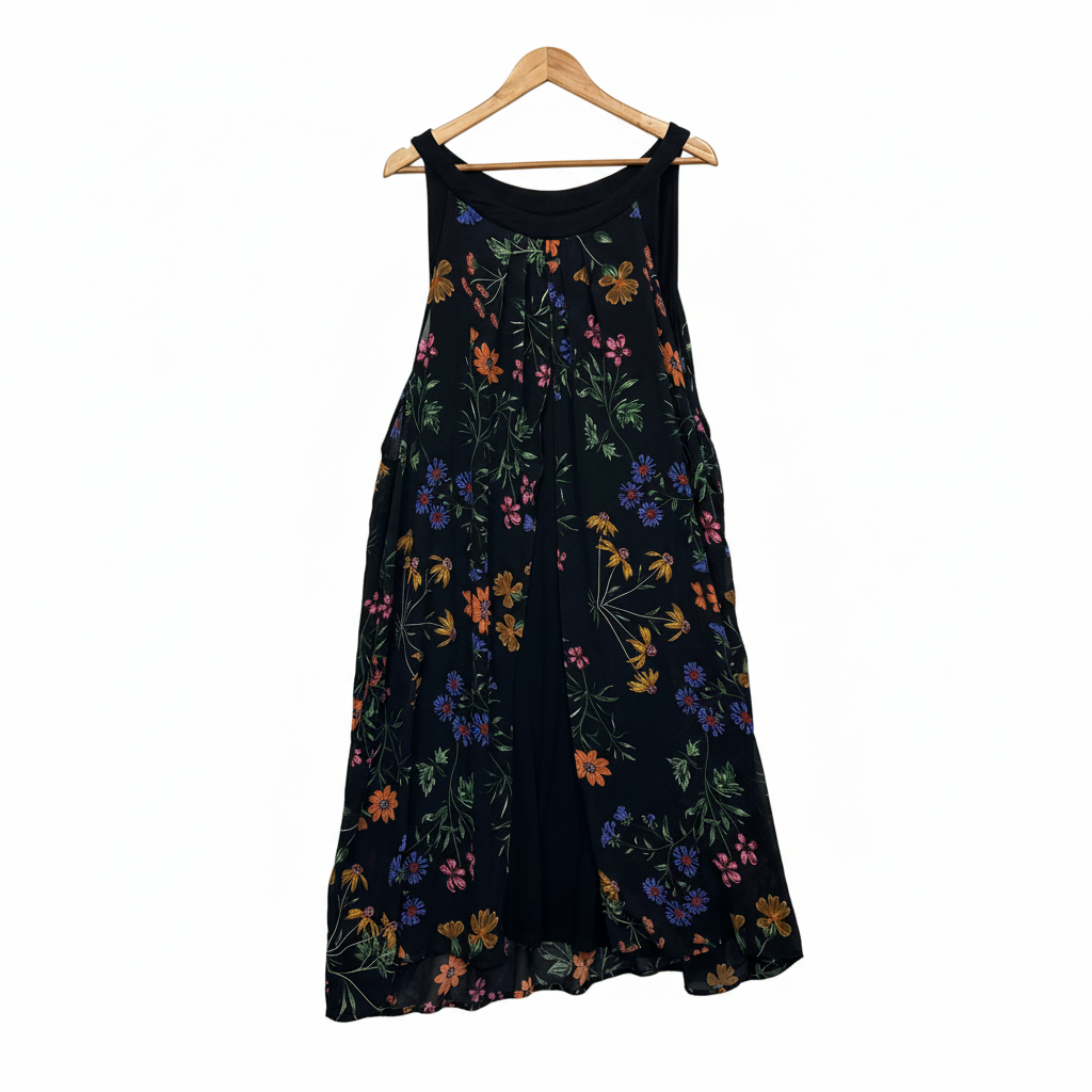 Autograph Black Multicoloured Floral Embroidered Dress - Front View