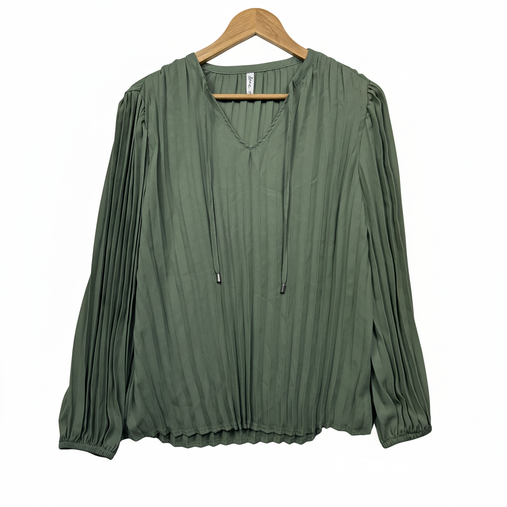 Kina khaki green pleated long sleeve blouse with drawstring neckline size 14