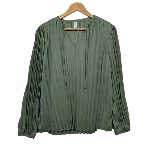 Kina khaki green pleated long sleeve blouse with drawstring neckline size 14