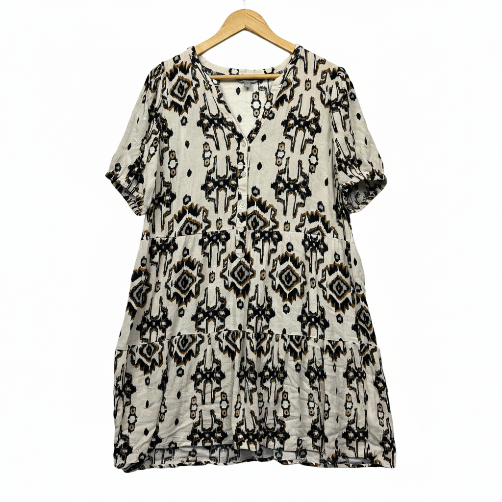 Suzanne Grae Cream Ikat Print Tunic Dress - Size 14