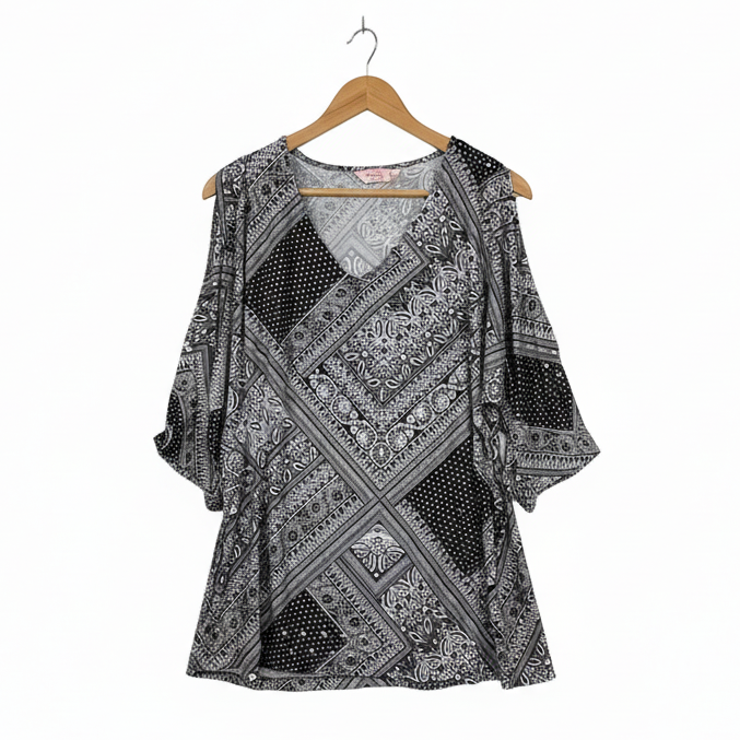 Millers Black Patterned Cold Shoulder Top - Size 18