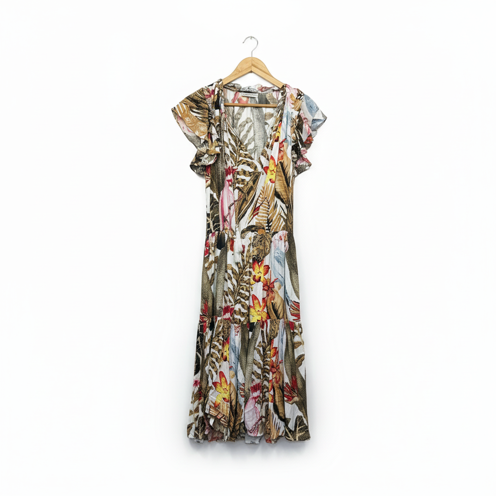 Natasha Gan Tropical Floral Print Midi Dress with Tiered Ruffle Hem - Size 16