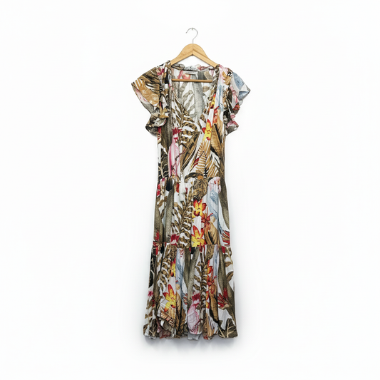 Natasha Gan Tropical Floral Print Midi Dress with Tiered Ruffle Hem - Size 16