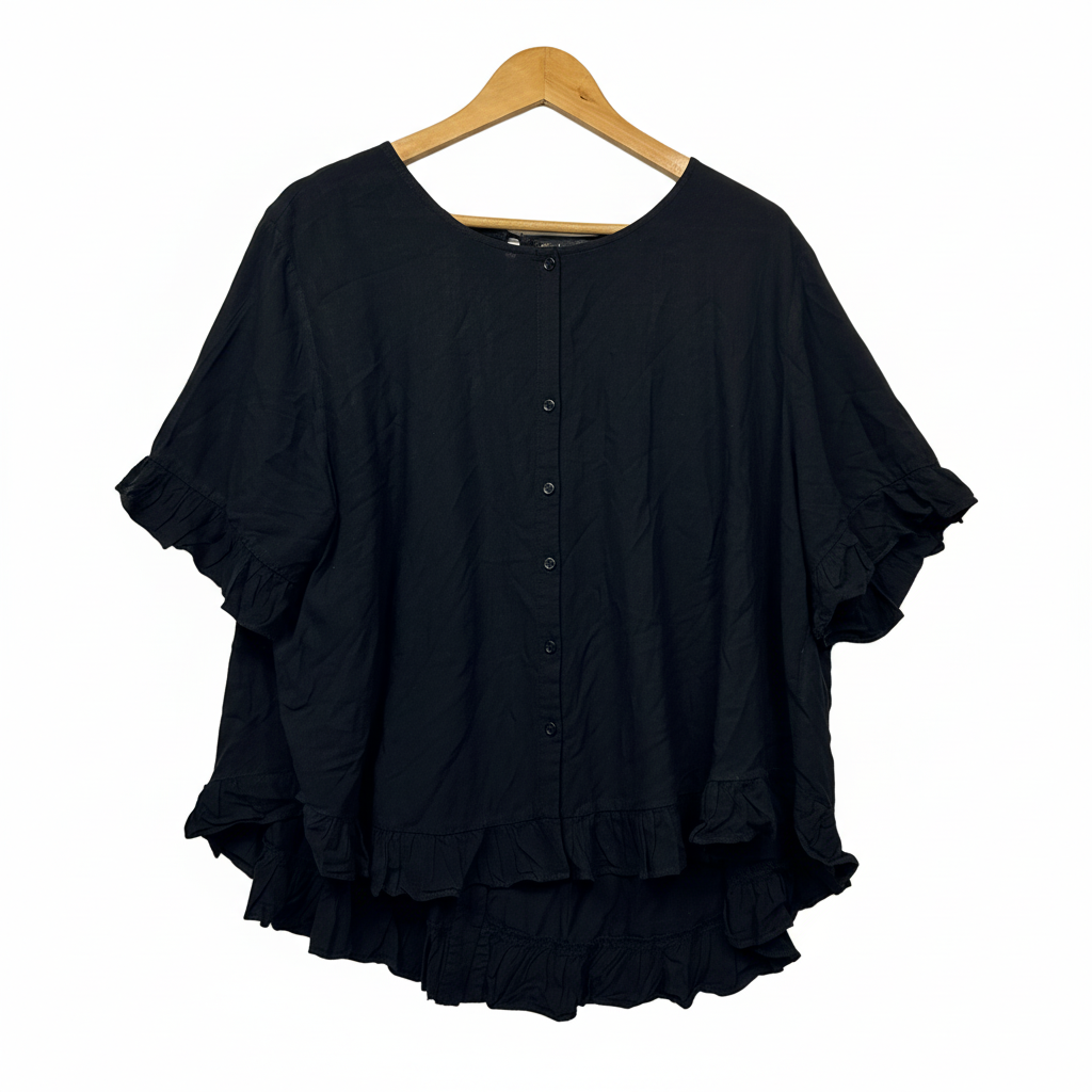 Caroline Morgan black button-front ruffle hem top size 16