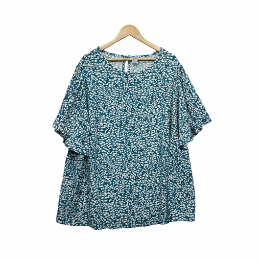Anko Curve Teal & White Leaf Print Short Sleeve Tiered Peplum Blouse - Size 24