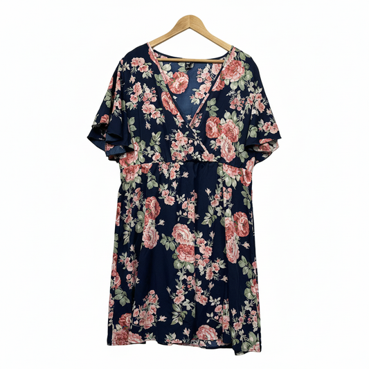 Curve navy blue dress with pink and green floral print and flutter sleeves size 3XL
