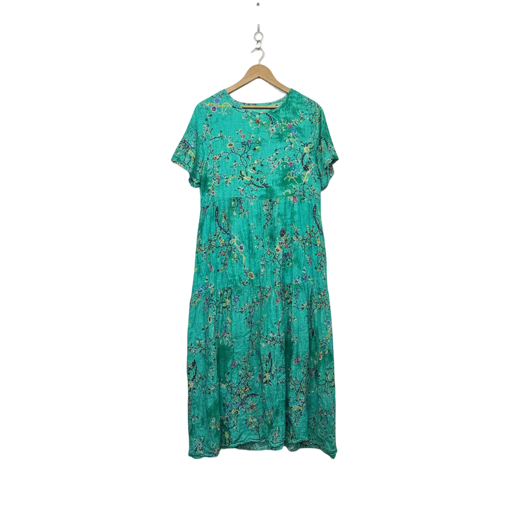 Turquoise Floral Botanical Print Tiered Dress - Size XL