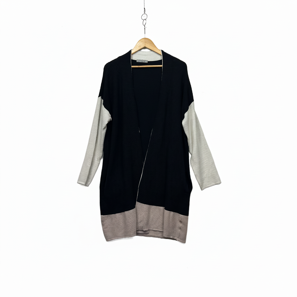 Katies black and grey striped dress back view