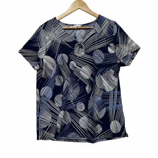 Noni B navy geometric print top front view