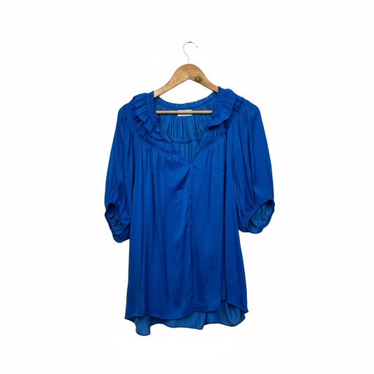 Sussan Royal Blue Ruffle Neck Pleated Top - Size 14