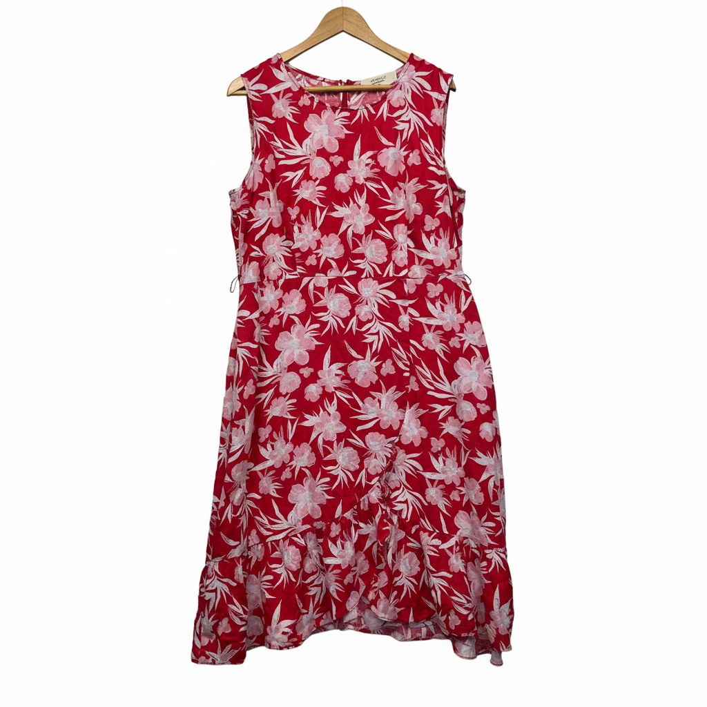 Jacqui E Red Floral Linen Sleeveless Dress - Size 16