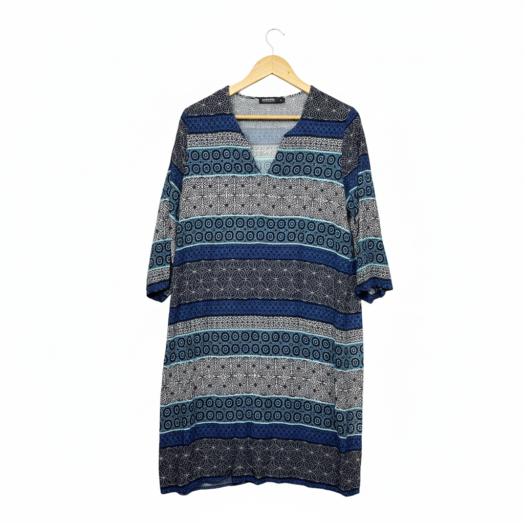 David Jones Navy Blue & Turquoise Geometric Print Tunic Dress - Size 16