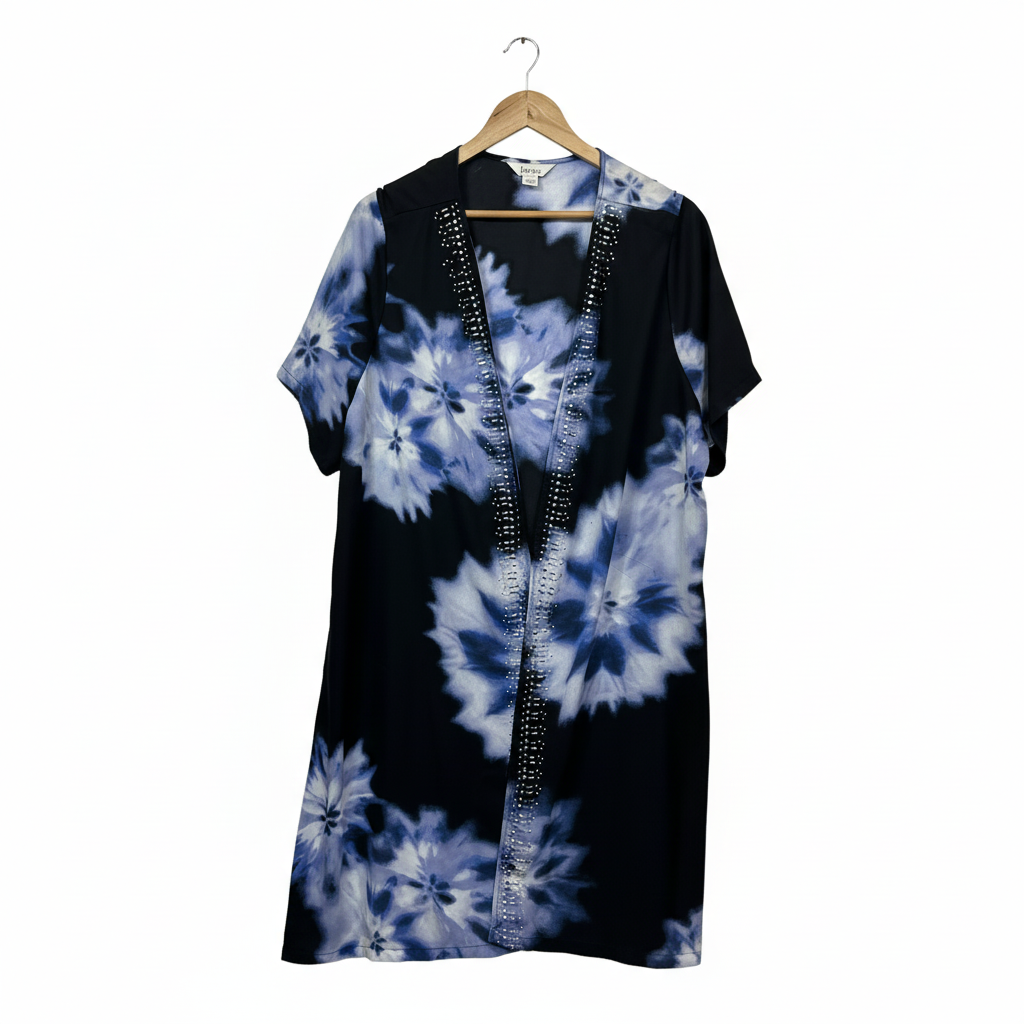 Beme Blue & Black Tie-Dye Open Front Longlione Kimono Top  - Size 22