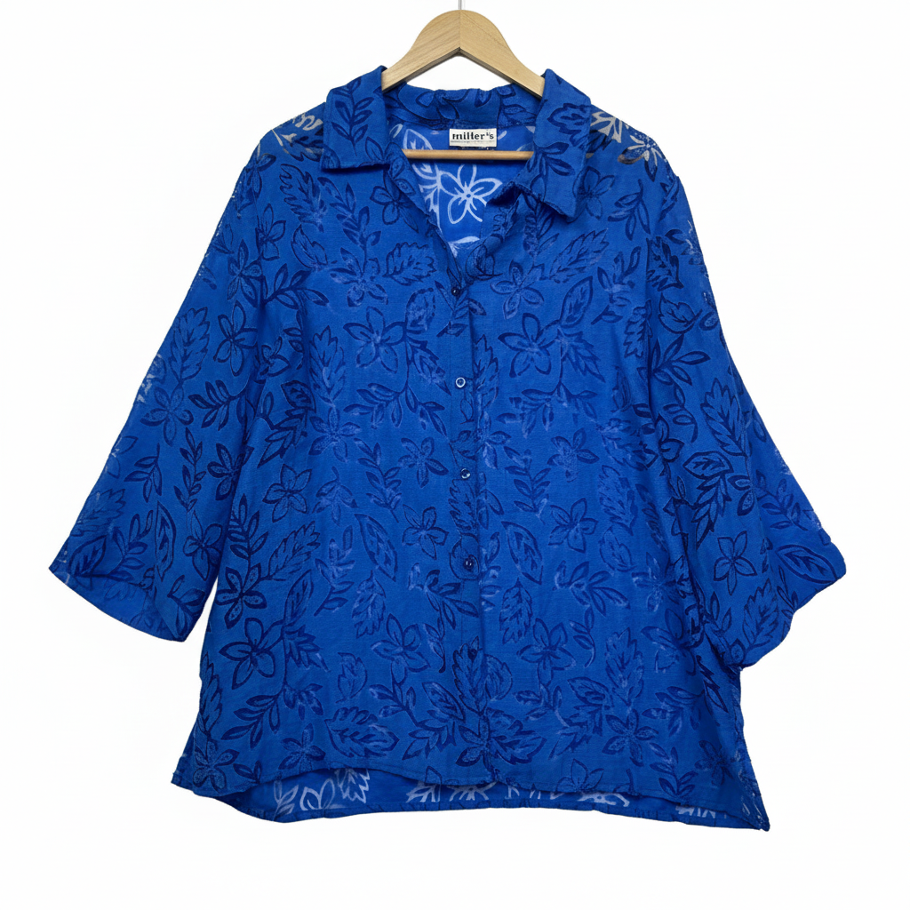 Millers Royal Blue Burnout Floral Sheer Shirt - Size 14/16