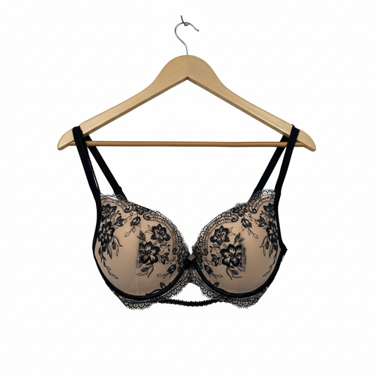 Bras N Things Black Nude Floral Lace Bra - Size 14D/36D