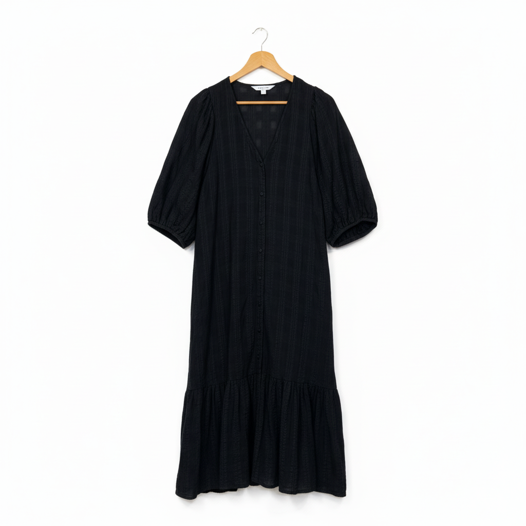 Preview Black Textured Puff Sleeve Midi Dress - Size 20